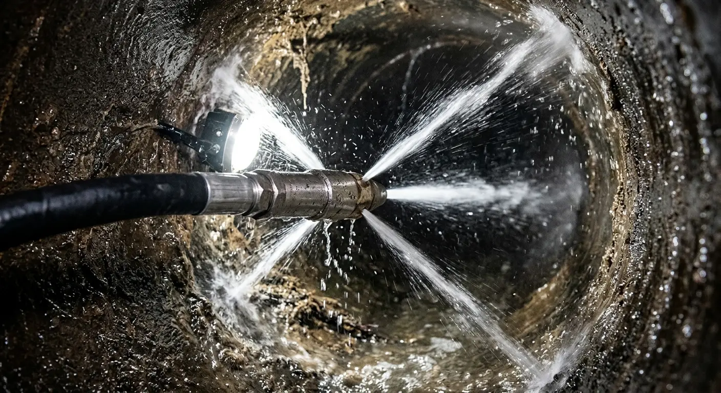 High-pressure hydro jetting nozzle cleaning sewer pipe for Sewer Cleanout in Stillwater