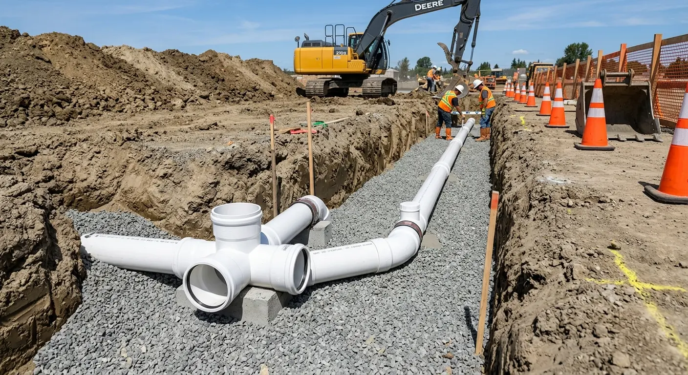 New PVC sewer pipe installation in open trench for Commercial Drain Cleaning in Stillwater