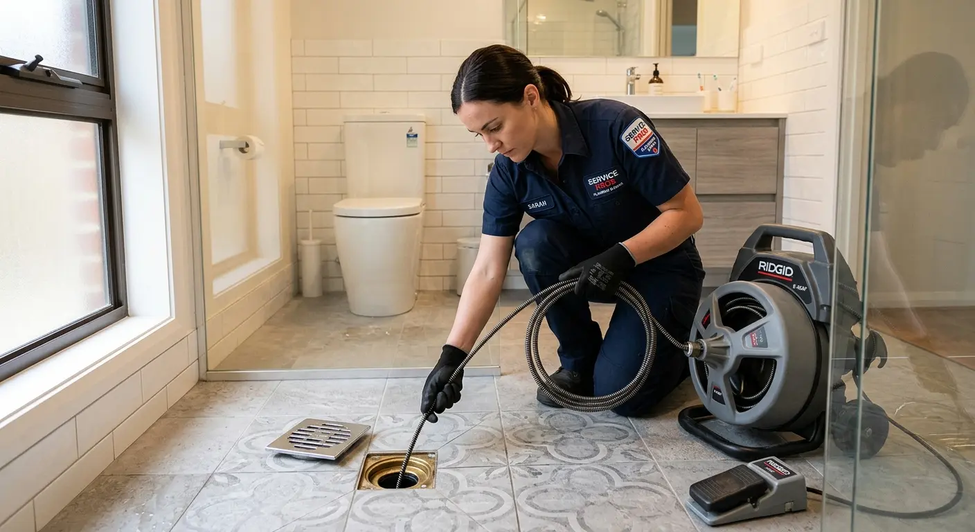 Technician clearing a bathroom floor drain for Sewer Line Installation in Stillwater